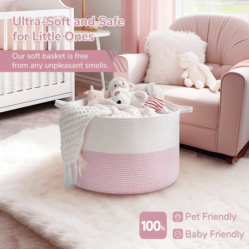 INDRESSME XXXLarge Storage Basket with Handle, Pink Laundry Basket for Nursery Stuffed Animal Storage, Baby Baskets Kids Toy Organizer, 21.7" x 21.7" x 13.8", Pink - Image 5